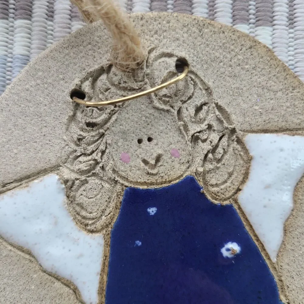 Vintage Handmade Sandcast Clay Enamel Angel Ornament Round Disc Wire Halo Wings